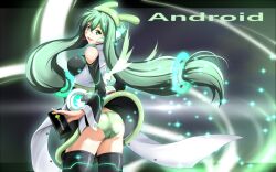  android_(os) android_(personification) ass black_thighhighs breasts cellphone commentary_request detached_sleeves female from_behind green_eyes green_hair green_panties long_hair looking_back mecha_musume medium_breasts miyabi_(miura105) os-tan panties personification phone smartphone smile solo thighhighs underwear very_long_hair 