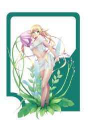  absurdres bad_id bad_pixiv_id blonde_hair breasts elf female flower green_eyes highres lips long_hair navel original pointy_ears see-through small_breasts smile solo weien white_background 