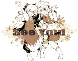  2girls boots bow cirno commentary_request dress hairbow hat inazumrai knees_together_feet_apart letty_whiterock monochrome multiple_girls one_eye_closed open_mouth outstretched_arm pigeon-toed short_hair smile snowflakes touhou 