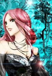  bare_shoulders bianchi blue_background breasts cross detached_sleeves female green_eyes jewelry katekyo_hitman_reborn! long_hair necklace pink_hair 