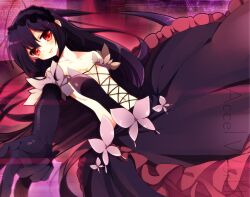  accel_world antenna_hair bad_id bad_pixiv_id black_hair bug butterfly copyright_name elbow_gloves etsuo female gloves hairband kuroyukihime long_hair navel red_eyes solo 