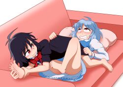  2girls ahe_gao ahoge barefoot bed black_hair blue_hair blush bow commentary_request dress feet heterochromia holding_another&#039;s_foot houjuu_nue iromeki_overdrive looking_up lying multiple_girls no_panties pillow red_eyes runny_nose short_hair skirt snot soles spread_toes sweat sweatdrop tatara_kogasa tickle_torture tickling tickling_feet toe_scrunch toes touhou uncommon_stimulation wavy_mouth yuri 