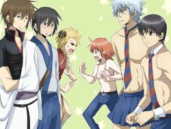  5boys bad_id bad_pixiv_id bespectacled black_hair blonde_hair blue_hair bra cosplay costume_switch crossover danshi_koukousei_no_nichijou faceoff female gintama glasses hadanugi_dousa japanese_clothes kagura_(gintama) kagura_(gintama)_(cosplay) kimono lingerie long_sleeves maruki_(punchiki) multiple_boys necktie no_eyewear open_clothes open_kimono open_mouth sakata_gintoki sakata_gintoki_(cosplay) school_uniform serafuku shimura_shinpachi shimura_shinpachi_(cosplay) short_hair skirt sleeveless standing striped striped_necktie sugita_tomokazu tabata_hidenori tadakuni tanaka_yoshitake underwear voice_actor_connection 