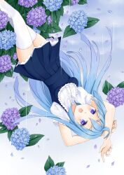  absurdres arms_up blue_hair blue_skirt commentary_request female flower hands hazuki_natsu highres hydrangea hydrangea-chan long_hair open_mouth original petals petticoat purple_eyes rain ringed_eyes skirt solo thighhighs upside-down white_thighhighs 