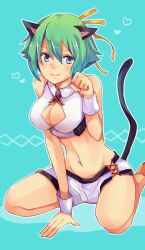  animal_ears aquarion_(series) aquarion_evol argyle_cutout blue_eyes breasts cat_ears cat_tail cleavage cleavage_cutout clothing_cutout commentary_request cross-laced_clothes cross-laced_shorts cross-laced_slit female green_hair highres kemonomimi_mode large_breasts midriff navel shishina short_hair short_shorts shorts sitting solo tail wariza white_shorts zessica_wong 