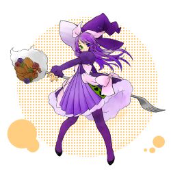  artist_request dress duel_monster female fork hat heterochromia madolche_magileine pantyhose petticoat purple_hair purple_pantyhose solo witch_hat yu-gi-oh! 