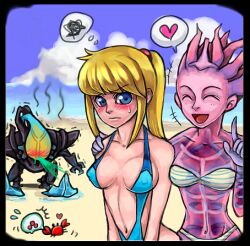  1boy 2girls alien artist_request beach blood blue_eyes blush breasts cleavage crab gandrayda gear01 heart ice large_breasts lowres metroid metroid_(creature) metroid_prime_corruption multiple_girls nintendo nosebleed rundas samus_aran swimsuit 