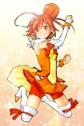  bike_shorts boots commentary_request cure_sunny female hino_akane_(smile_precure!) magical_girl orange_hair orange_skirt orange_theme precure red_eyes red_shorts short_hair shorts skirt smile_precure solo thigh_boots thighhighs tiara white_thighhighs yuzucky 