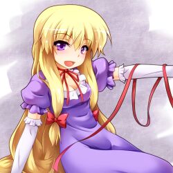  blonde_hair blush breasts cleavage commentary_request dress elbow_gloves female gloves hair_ribbon highres long_hair looking_at_viewer medium_breasts no_headwear open_mouth outstretched_arm purple_dress purple_eyes ribbon sitting smile solo touhou white_gloves yakumo_yukari yoshihiro-m 