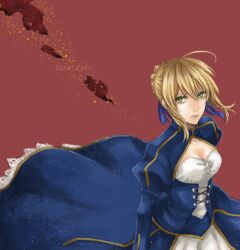  ahoge artoria_pendragon_(all) bad_id bad_pixiv_id banned_artist blonde_hair breasts cleavage dress fate/stay_night fate_(series) green_eyes hair_ribbon medium_breasts orii_(orii_i) ribbon saber solo 