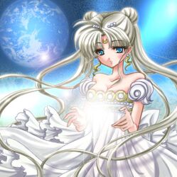  back_bow bare_shoulders bishoujo_senshi_sailor_moon blonde_hair blue_background blue_eyes bow commentary_request crescent crescent_facial_mark double_bun dress facial_mark female hair_bun long_hair long_neck lowres neck planet princess_serenity puffy_sleeves shirataki_kaiseki solo strapless strapless_dress tsukino_usagi twintails white_dress 