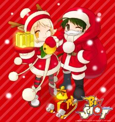  antlers bell bigshot boots christmas cosplay dress fake_beard hat jacket kanghoon1204 mittens red_jacket santa_costume santa_hat santa_suit text wink yellow_eyes 