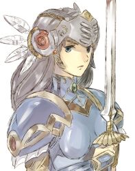  advent-lezard armor blue_armor blue_eyes breastplate commentary_request feathers female full_armor grey_hair helmet lenneth_valkyrie long_hair pauldrons shoulder_armor solo sword valkyrie_profile_(series) weapon 