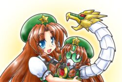  bad_id bad_pixiv_id blue_eyes braid brown_hair chibi commentary_request crossover dragon_gundam female g_gundam gundam hair_ribbon hat hong_meiling long_hair mayohi_neko mecha mechanization one_eye_closed photoshop_(medium) ribbon robot sd_gundam simple_background star_(symbol) touhou 