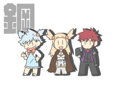  2boys artist_request brown_hair clothing_swap cosplay costume_switch daigo_(pokemon) female grey_hair gym_leader mikan_(pokemon) multiple_boys pokemon red_hair steel tougan_(pokemon) tsuwabuki_daigo white_background 