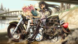  2girls aiming aiming_at_viewer akemi_homura akemi_homura_(magical_girl) black_hair black_pantyhose blurry bridge commentary_request depth_of_field glasses gun hair_ribbon highres kaname_madoka long_hair mahou_shoujo_madoka_magica mahou_shoujo_madoka_magica_(anime) motor_vehicle motorcycle multiple_girls multiple_riders naka_(nicovideo14185763) outdoors pantyhose parody photoshop_(medium) pink_eyes pink_hair purple_eyes ribbon riding scene_reference short_twintails shotgun t-800 terminator_(series) terminator_2:_judgment_day the_terminator thighhighs twintails weapon white_legwear winchester_model_1887 