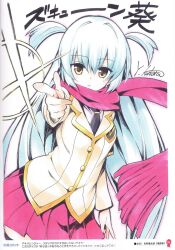  blazer blue_hair female finger_gun hikounin_sentai_akibaranger jacket nijiyome_gakuen_z-cune_aoi scarf school_uniform solo two_side_up yabuki_kentarou 