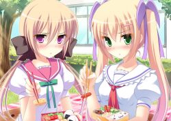  2girls :3 agekichi_(heart_shape) bad_id bad_pixiv_id bento blonde_hair blush bow collaboration feeding food food_art frown green_eyes hair_ornament hair_ribbon hairbow hairclip ichiroku incoming_food kuu_(agekichi) long_hair multiple_girls onigiri original photoshop_(medium) puffy_short_sleeves puffy_sleeves purple_eyes ribbon school_uniform sena_(ichiroku) serafuku short_sleeves tako-san_wiener twintails 