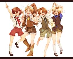  4boys aged_down ahoge america_(hetalia) axis_powers_hetalia blonde_hair boots brown_hair canada_(hetalia) closed_eyes commentary_request cowboy cowboy_boots cowboy_hat cowboy_western fringe_trim full_body hat kumajirou_(hetalia) lolicon male_focus multiple_boys northern_italy_(hetalia) on_(snow77) open_mouth ribbon shorts siblings simple_background smile socks southern_italy_(hetalia) white_background 