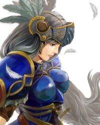  armor blue_armor blue_eyes breastplate commentary_request feathers female full_armor grey_hair helmet highres lenneth_valkyrie long_hair norihiro_(tsu-mukimuki) pauldrons sheath sheathed shoulder_armor solo sword valkyrie_profile_(series) weapon 