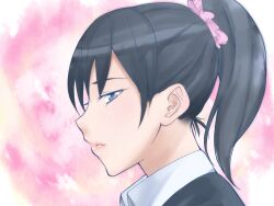  alternate_hairstyle amagami black_hair blue_eyes blush commentary_request danieri female ponytail profile scrunchie short_hair solo tsukahara_hibiki 