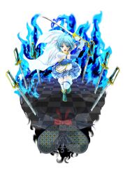  armband bad_id bad_pixiv_id blue_eyes blue_hair cape checkered_floor different_reflection female gloves highres ivuki magical_girl mahou_shoujo_madoka_magica mahou_shoujo_madoka_magica_(anime) miki_sayaka miki_sayaka_(magical_girl) oktavia_von_seckendorff reflection short_hair simple_background solo spoilers sword thighhighs weapon white_background 