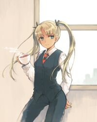  blonde_hair blue_eyes business_suit cup dark-skinned_female dark_skin female formal gunslinger_girl hair_ribbon long_hair necktie ribbon shiina_aya solo suit triela twintails vest 