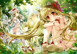  2girls absurdres animal_ears anklet armlet ass bare_shoulders bell blonde_hair bracelet breasts bug butterfly cat_ears cat_tail choker fingernails flat_chest flower forest fujima_takuya grand_piano hair_flower hair_ornament highres hugging_own_legs instrument jewelry long_hair looking_back miniskirt multiple_girls nature original paw_pose photoshop_(medium) piano red_eyes sandals scan see-through sideboob sitting skirt small_breasts smile tail thighhighs toes twintails white_hair white_legwear white_skirt yellow_eyes 