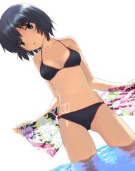  bikini black_bikini black_eyes black_hair commentary_request dutch_angle female head_tilt highres mocha_(snowflake) nazo_no_kanojo_x photoshop_(medium) print_sarong sarong short_hair simple_background solo sun_tattoo swimsuit tan tanlines unworn_sarong urabe_mikoto wading water white_background 