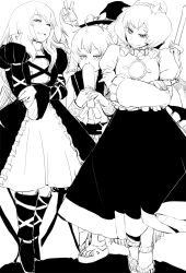  4girls animal_ears bracelet commentary_request floating greyscale hat hijiri_byakuren jewelry kirisame_marisa leaf long_hair mirror monochrome multiple_girls nekobatake photoshop_(medium) short_hair skirt stage_connection symposium_of_post-mysticism touhou toyosatomimi_no_miko v witch_hat yasaka_kanako 