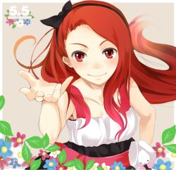  arm_up blush bow commentary_request dress female flower grey_background hairband hairbow happy_birthday idolmaster idolmaster_(classic) light_smile long_hair looking_at_viewer minase_iori nira_(vira) rabbit red_eyes red_hair sleeveless solo stuffed_animal stuffed_rabbit stuffed_toy usa-chan_(idolmaster) 