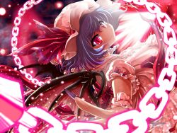  bat_wings blue_hair chains commentary_request dress female fingernails hat kakao_rantan long_fingernails looking_at_viewer miserable_fate oerba_yun_fang red_eyes remilia_scarlet short_hair slit_pupils smile solo spear_the_gungnir touhou wings wrist_cuffs 