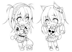  2girls :d animal_ears bell chiri_(atlanta) chiriko_(atlanta) collar commentary_request greyscale hair_bell hair_ornament jingle_bell line_art monochrome multiple_girls oerba_yun_fang open_mouth original photoshop_(medium) smile tail ten&#039;inkou_korin thighhighs twintails 