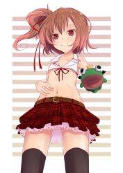  belt black_thighhighs brown_hair commentary_request female flat_chest frog hair_ribbon hand_puppet highres looking_at_viewer meile midriff momoiro_taisen_pairon navel original plaid plaid_skirt puppet red_eyes ribbon short_hair side_ponytail skirt smile solo striped striped_background thighhighs 