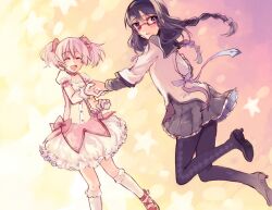  2girls akemi_homura akemi_homura_(magical_girl) blush braid closed_eyes glasses happy holding_hands kaname_madoka kaname_madoka_(magical_girl) long_hair looking_back magical_girl mahou_shoujo_madoka_magica mahou_shoujo_madoka_magica_(anime) multiple_girls pantyhose pink_hair red-framed_eyewear shiina_aya smile twin_braids twintails 