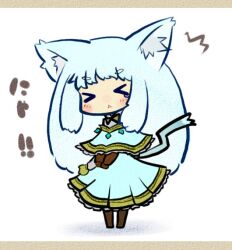  &gt;_&lt; :&lt; ^^^ animal_ears blue_eyes blue_hair blush cat_ears cat_tail chibi closed_eyes commentary_request crying eyebrows female hat homurabi kemonomimi_mode rune_master_(sekaiju) rune_master_2_(sekaiju) sekaiju_no_meikyuu sekaiju_no_meikyuu_4 simple_background skirt standing tail tears 