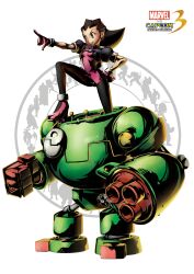  absurdres brown_hair capcom crossover earrings gloves green_eyes hairband highres jacket jewelry marvel marvel_vs._capcom marvel_vs._capcom_3 marvel_vs_capcom marvel_vs_capcom_3 mecha official_art pantyhose pointing rockman rockman_dash style_clash tron_bonne 