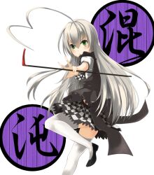  checkered_clothes checkered_skirt commentary_request crowbar female green_eyes grey_hair haiyore!_nyaruko-san haseneko holding holding_crowbar long_hair nyarlathotep_(nyaruko-san) skirt thighhighs 