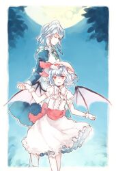  2girls bad_id bad_pixiv_id bat_wings blue_hair bow braid closed_eyes full_moon gloves height_difference highres holding_hands izayoi_sakuya maid moon multiple_girls photoshop_(medium) red_eyes remilia_scarlet shiina_aya touhou wings 