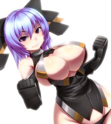  backlighting bare_shoulders black_panties blue_hair bow breasts cleavage clenched_hands commentary_request detached_sleeves female gauntlets hairbow huge_breasts original panties purple_eyes short_hair simple_background solo tora_(trampjing) underwear white_background 