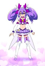  bike_shorts bike_shorts_under_skirt boots bow choker commentary_request earrings female full_body hairbow jewelry long_hair magical_girl midriff navel nekomamire original photoshop_(medium) precure purple_eyes purple_hair purple_skirt skirt smile smile_precure solo thigh_boots thighhighs tiara twintails unofficial_precure_costume white_background white_thighhighs 