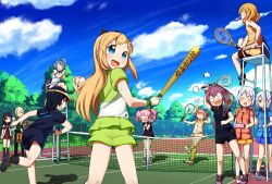  &gt;_&lt; 6+girls :d ^_^ akaza_akari angry ball baseball baseball_(object) baseball_bat black_hair black_socks blonde_hair blood blue_eyes blue_hair bow casual clenched_teeth closed_eyes cloud commentary_request day everyone fence funami_yui furutani_himawari glasses green_eyes hair_bobbles hair_bun hair_ornament hair_over_one_eye hairband hairbow hairclip heart highres ikeda_chitose ikeda_chizuru lab_coat long_hair looking_back matsumoto_rise muku_(muku-coffee) multiple_girls musical_note nanamori_school_uniform nishigaki_nana nosebleed oomuro_sakurako open_mouth outdoors pink_hair ponytail puff_of_air purple_hair racket red_eyes red_hair saliva school_uniform serafuku shadow shoes short_hair shorts siblings silver_hair single_hair_bun sisters sitting skirt sky smile socks sportswear sugiura_ayano teeth tennis_ball tennis_court tennis_net tennis_racket tennis_uniform tissue tissue_box toshinou_kyouko tree twintails unworn_eyewear wavy_mouth wristband xd yellow_eyes yellow_legwear yoshikawa_chinatsu yuru_yuri 