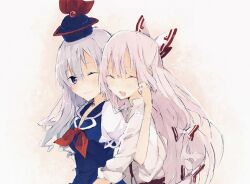  2girls bow closed_eyes commentary_request fujiwara_no_mokou hairbow happy hat hug hug_from_behind kamishirasawa_keine light_purple_hair multiple_girls one_eye_closed partial_commentary smile touhou tsukugu 