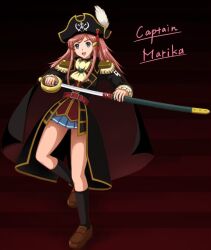  akihisa201 bad_id bad_pixiv_id blue_eyes cape female hair_ornament hairclip hat katou_marika long_hair miniskirt_pirates open_mouth pink_hair pirate_hat pleated_skirt scabbard sheath skirt smile solo sword weapon 