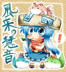  ! :3 bad_id bad_pixiv_id blue_dress blue_eyes blue_hair blush chibi crossed_arms dress female fujiwara_no_mokou fuurai_no_shiren hat horn_ornament horn_ribbon horns kamishirasawa_keine kamishirasawa_keine_(hakutaku) mouth_hold ofuda rebecca_(keinelove) ribbon sandogasa sash scarf seigaiha solid_circle_eyes solo stalk_in_mouth sukusuku_hakutaku touhou translated v-shaped_eyebrows 