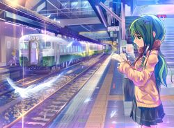  2girls ahoge alternate_costume bird blonde_hair commentary_request contemporary daito frog_hair_ornament green_eyes green_hair hair_ornament hair_tubes kochiya_sanae long_hair moriya_suwako multiple_girls real_world_location scarf school_uniform skirt snake tactile_paving touhou train train_station yasaka_kanako 