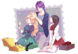  1boy 2girls blonde_hair blue_flower blue_rose book box braid brown_hair closed_eyes coat commentary_request dress flower garry_(ib) hair_brush hair_over_one_eye ib_(ib) ib_(kouri) jacket jewelry kneeling kurashiki_(kas0) long_hair long_sleeves mary_(ib) multiple_girls open_mouth pants photoshop_(medium) ponytail purple_hair red_flower red_rose ring rose shoes short_hair skirt yellow_flower yellow_rose 