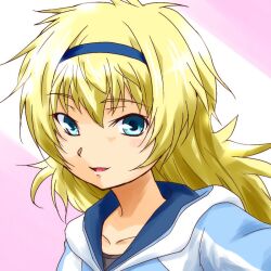  blonde_hair blue_eyes commentary_request female hairband hood hoodie light_smile long_hair looking_at_viewer miniskirt_pirates open_mouth photoshop_(medium) pink_background portrait sasha_staple simple_background solo urutsu_sahari 