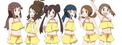  6+girls 6girls bare_shoulders blue_eyes blue_hair brown_hair dawn_(pokemon) flat_chest happy haruka_(pokemon) highres long_hair mei_(pokemon) mei_(pokemon) midriff multiple_girls navel open_mouth pokemon pokemon_(game) pokemon_bw pokemon_bw2 ribbon short_hair simple_background tank_top touko_(pokemon) 