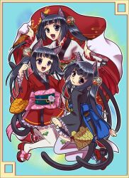  3girls :d animal_ears bakeneko cat_ears cat_tail egasumi frills hexagon highres japanese_clothes kimono kumehara_chiyota long_hair looking_back multiple_girls multiple_tails nekomata nekomata_(heian_ayakashi) nekomusume_(heian_ayakashi) obi oerba_yun_fang onmyouji_~heian_ayakashi_kitan~ open_mouth persian_(heian_ayakashi) purple_legwear sash shikigami short_kimono smile tail thighhighs twintails unmoving_pattern white_legwear wide_sleeves zettai_ryouiki 